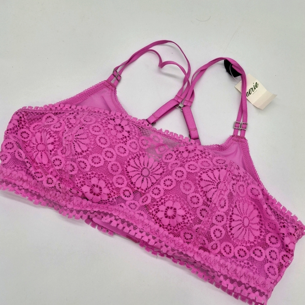 Aerie Real Power Wireless Push Up Joy Lace Bra Pink Tropics 36B